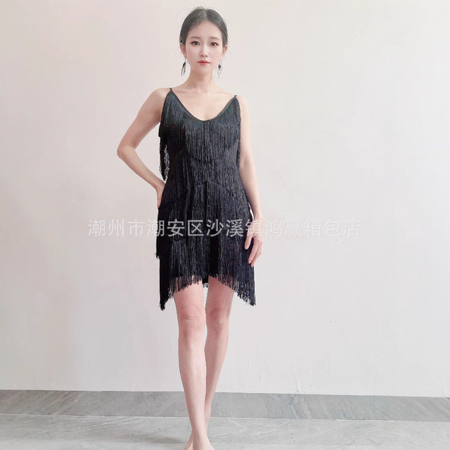 European and American Deep V Tassel Skirt Dress Latin Dance Skirt Dance Costume Stage Ball Performance Costume Performance Costume Dance Skirt