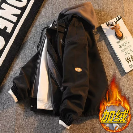 American Retro Fake Two-piece Hooded Jacket Men's Winter fleece-lined Thickened Warm Casual Jacket Home Figure# WT152