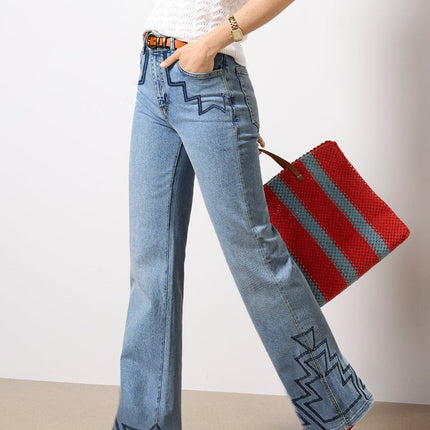 Guangzhou Foreign Trade Tiktok Pop In-Stock Dropshipping Printed Denim Jeans for Women, Stretchy Slim Fit Flared Pants