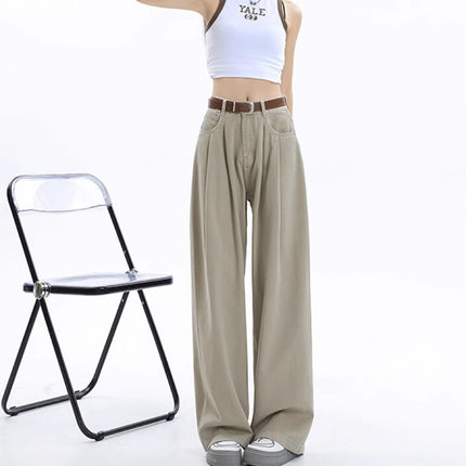 White Wide-Leg Jeans for Women, Summer Thin Fashion Slimming Loose Casual Pleated Drape Versatile Floor-Length Pants