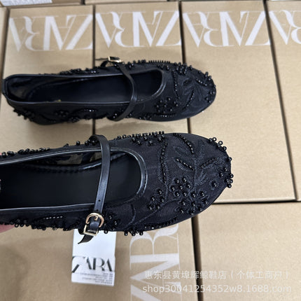 ZA new summer new fashion round toe flat shoes retro style mesh pearl embroidery mesh ballet shoes