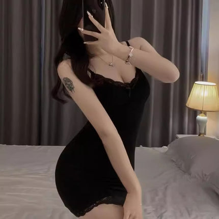 Pure Desire Style Lace Hot Girl's Hip Skirt with Chest Pad Sexy Figure Slim-fit Sling Nightgown Women's Outer Wear