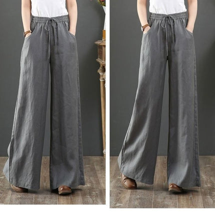 2024 Spring/Summer Literary Cotton and Linen Feel Women's Loose Plus Size Wide-Leg High-Waisted Floor-Length Pants