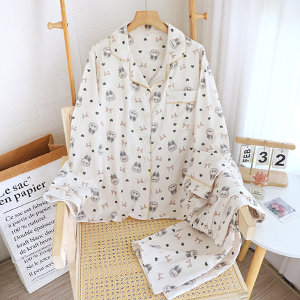 New Bear Brushed Long-Sleeved Trousers Pajamas Set for Women All Seasons Cartoon Loose Breathable Can Be Worn Outside Home Clothes