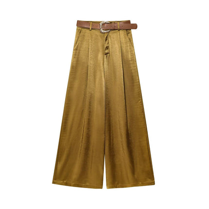 Silk Satin Straight Pants Belt European and American Fashion Versatile Summer Casual Khaki Green Yellow Button Simple