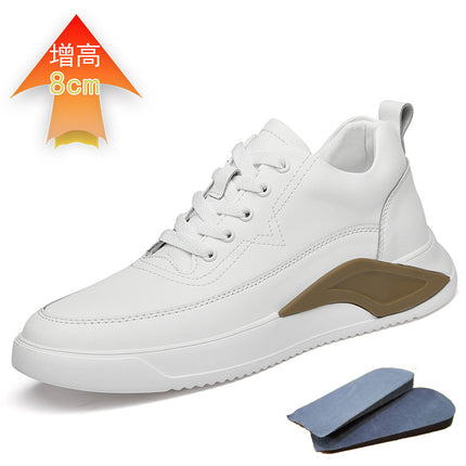 2022 New Height-increasing Shoes Men's Two-layer Leather Casual Sports Board Shoes Autumn Invisible Height-increasing Men's Shoes White