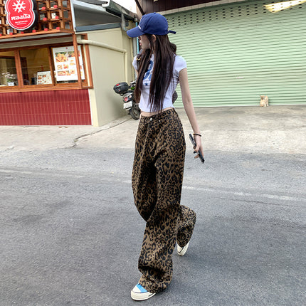 【25Ss】Relaxing Moment｜Lazy Vacation｜Straight Street Japanese Style Brown Leopard Print Wide Leg Jeans