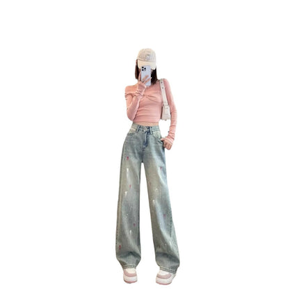 Blue Tie-Dye Splash-Ink Straight Jeans Women's Spring 2025 New Design Sense Small All-Match Trendy Mop Pants