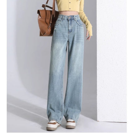 light blue Straight Leg Jeans Women's Trendy All-match New Arrival plus size Loose High Waist Slimming Narrow Wide Leg Long Pants