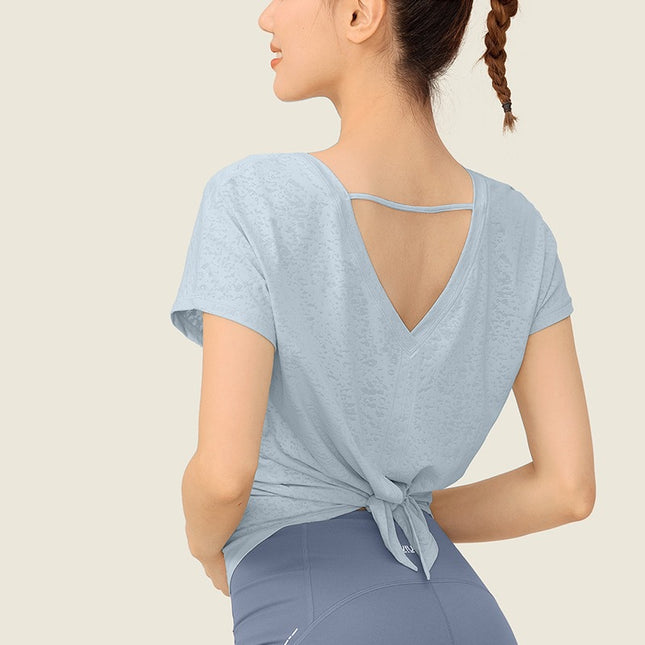 Lu Same Style Yoga Wear Women's Short-Sleeved T-Shirt Breathable Jacquard Slit Strap Elastic Fitness Top Sports Blouse