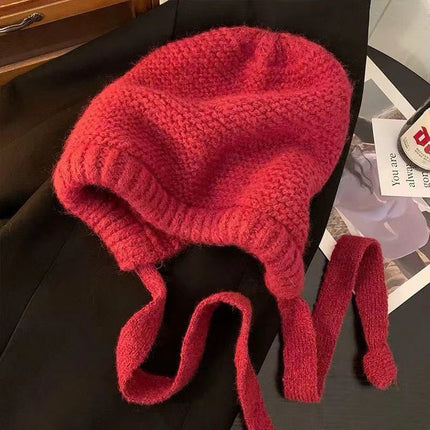 Cute Bear Ear Knitted Hat for Women, Autumn and Winter, Makes the Face Look Smaller, Versatile, Warm Woolen Hat, Cold-Proof Plush Ear Protection Hat