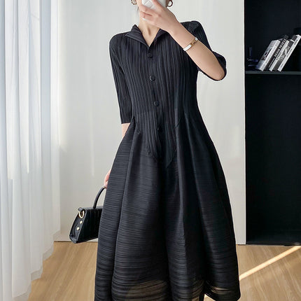Miyake Elegant, Gentle, Elegant, Comfortable, Simple, Slim Waist Dress for Women 2023 Summer New Casual Pleats