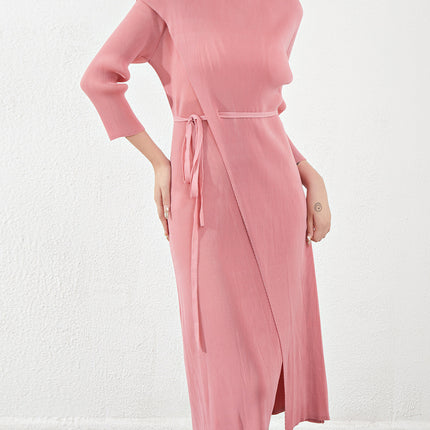 Miyake High-End Dress Long-Sleeved French Garden Collar Pleated Slit Lace-Up Slim One-Piece Dress for Women