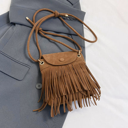 2025 New Trendy Niche Design Tassel Phone Bag for Women, Single Shoulder Crossbody Small Square Bag, Retro Hong Kong Style Suede Bag