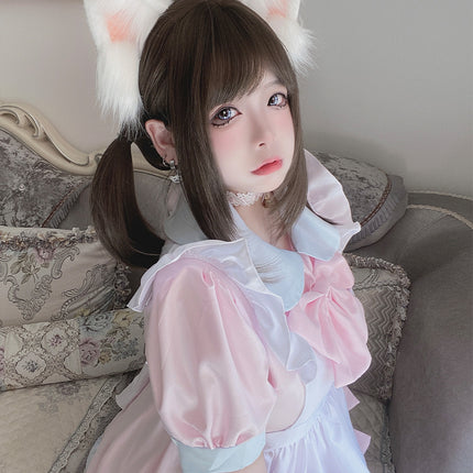 Japanese Lolita Maid Cosplay Pink Loli Maid Uniform Bow Short-Sleeve Dress