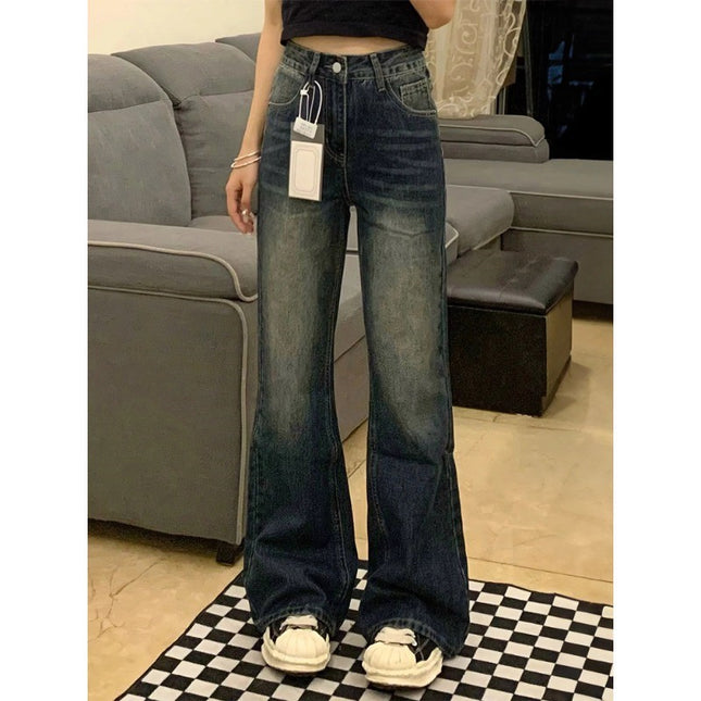 Blue Grey Slax Jeans Women's Fashionable All-match New High Waist Slimming Loose Flesh Covering Simple Casual Wide-leg Pants