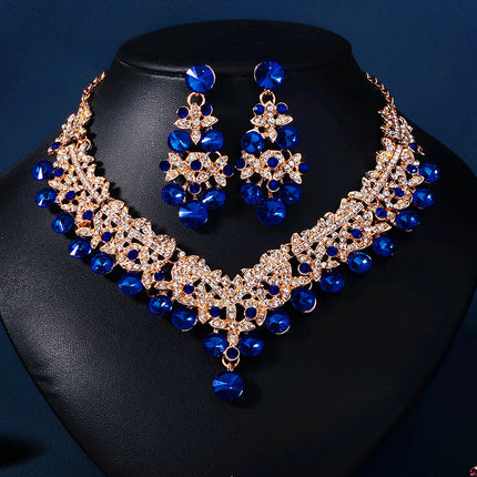 European and American Bride Jewelry Three-piece Suit High-class Dance Wedding Jewelry Alloy Diamond Crown Necklace Earrings suit