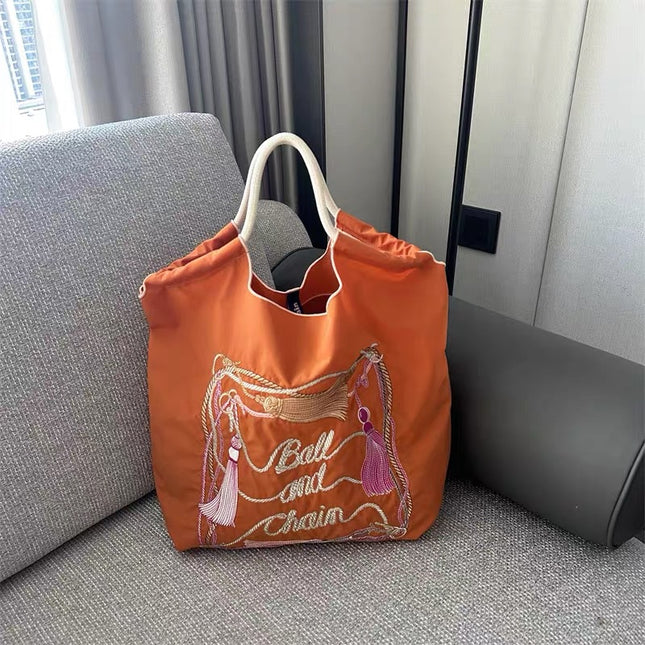 High-Quality Japanese-Style Ball Chain Eco-Friendly Shopping Bag Nylon Fabric Embroidered Floral Tote Nylon Canvas Bag