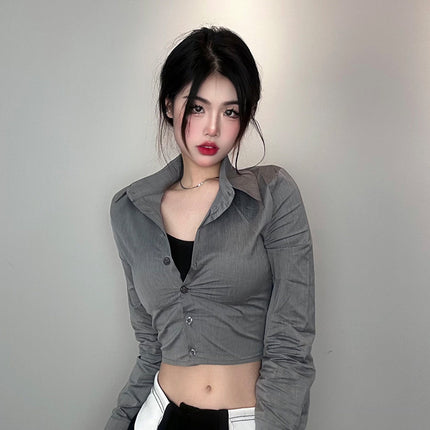 South Korea Dongdaemun New Slim-fit Slimming Sexy Spice Girl Figure Short Exposure Waist Long Sleeve Shirt Top for Women