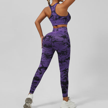 Cross-Border Seamless Tie-Dye Yoga Wear Beautiful Back Sports Bra High Waist Peach Butt Lift Fitness Tights Suit for Women