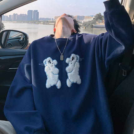 2025 Autumn New Men's Sweatshirt Hong Kong Style Dog Embroidery Cotton Oversized Sweatshirt Men's Loose Long Sleeve Top