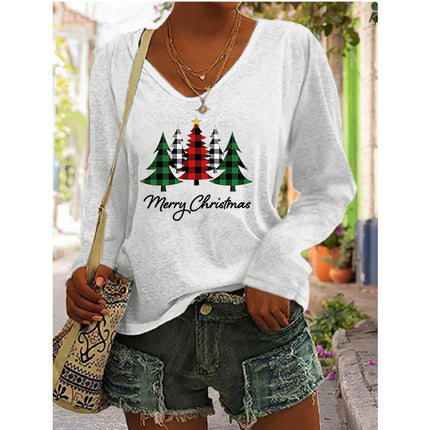 2023 European and American Amazon independent station wish autumn and winter new hot selling women's printed V-neck long sleeve loose T-shirt for women
