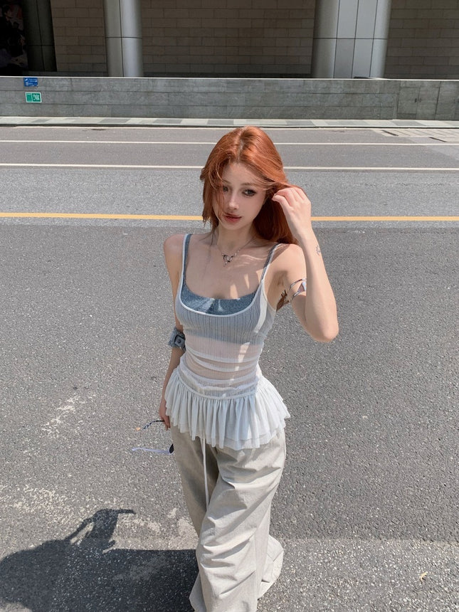 Ruffled Camisole for Women with Beautiful Pleated Back, Slimming and Sexy American-Style Top for Outer Wear