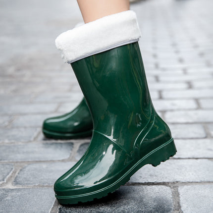 Fashionable Women's Rain Boots Mid-Calf Warm Rain Shoe Covers Fleece-Lined Rain Boots Non-Slip Women's Water Shoes Thickeneded Cotton Rubber Shoes