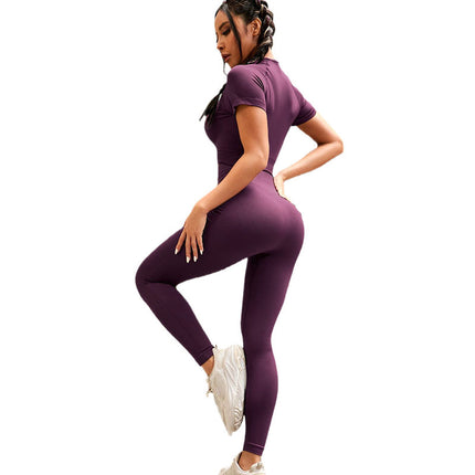 Amazon Sports New Solid Color Sports Yoga suit Summer Pink Yoga Clothes suit Short-Sleeved Tight Two-Piece Set