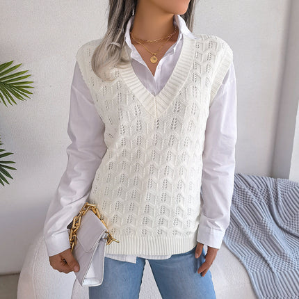 Clearance 2023 Autumn/Winter European and American Style Solid Color Hollow Out Wavy V-Neck Knitted Vest Sweater Independent Cross-Border Women's Fashion