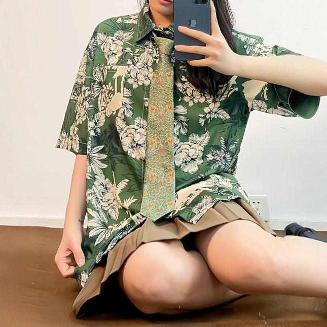 Cross-border Foreign Trade Summer American vintage Hong Kong Style vintage Short-sleeved Floral Shirt Female Niche Design Shirt