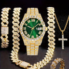 Golden green face (watch + bracelet + necklace + cross necklace + ring)
