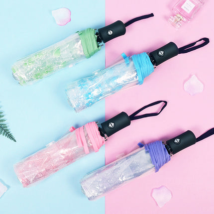 Fully Automatic Folding Plastic Transparent Cherry Blossom Umbrella for Women, Long Handle Apollo Style, Fresh and Simple, for Children, Students, Performances, Wholesale
