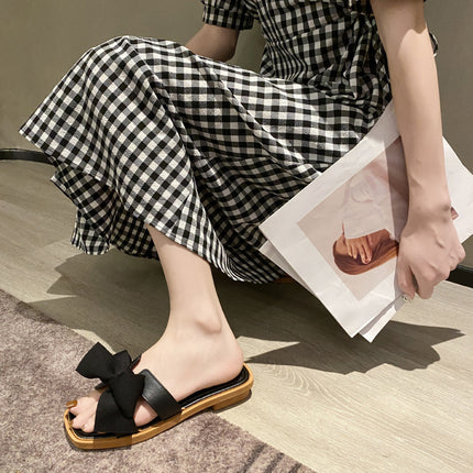 Internet Celebrity New Square Toe Fairy Style Bow Slippers for Women Summer Outer Wear Wedge Heels Fashion Versatile Flats Non-Slip Sandals