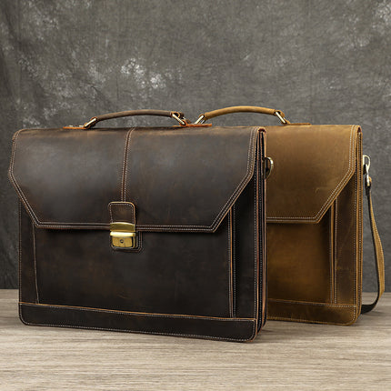 Masiwei Crazy Horse Leather 16-Inch Briefcase Business Retro Flap Laptop Bag Genuine Leather Handheld Document Bag Trendy