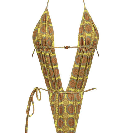 2024 European and American New Sexy Deep V One-piece Swimsuit Women's Cross-border Printed Strap Backless Bikini