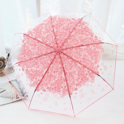 Fully Automatic Folding Plastic Transparent Cherry Blossom Umbrella for Women, Long Handle Apollo Style, Fresh and Simple, for Children, Students, Performances, Wholesale