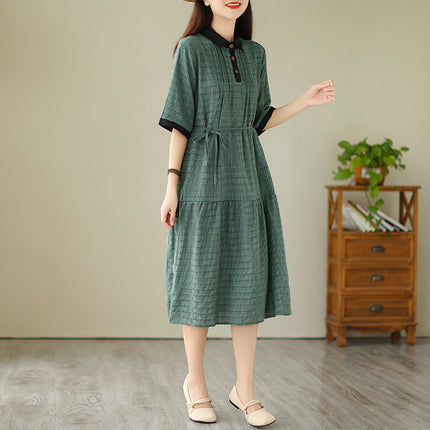 Real shot 2024 Summer new celebrity light luxury plaid mid-length waist slimming doll collar plaid dress women