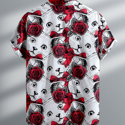 Foreign Trade Men's Short-sleeved Shirt Red Rose White Cat Print Middle East Retro Summer 2025 New Cross-border
