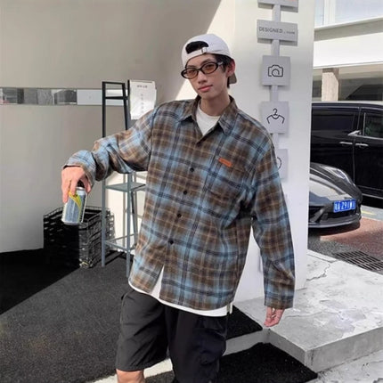 Brushed Plaid Long-Sleeved Shirt for Men, Summer Thin Sun Protection Shirt, Loose Retro American Fashion Brand Couple's Jacket
