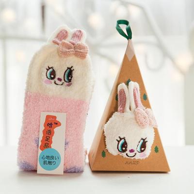Coral Fleece Japanese-Style Christmas Socks with Embroidered 3D Cartoon Design, Boxed Floor Socks, Half Fleece Socks for Women