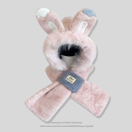 Rabbit Ears Hat Scarf All-In-One Hat for Women Winter Cute Plush Furry Animal Plus Scarf Two-Piece Hat