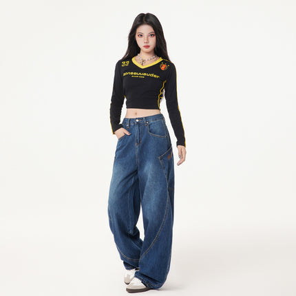 Bumi House# American Retro Design Sense Big Pocket Machete Jeans Women's Spring New Stitching Wide Leg Pants