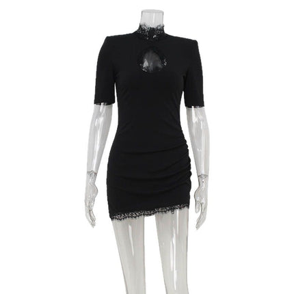 Aliexpress Hot Selling European and American Cross-Border Women's Solid Color Short Sleeve Lace Patchwork Hollow Fashion Party Sexy Dress