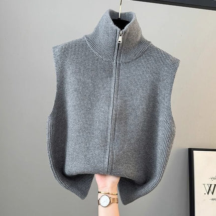 High Collar Zipper Knitted Cardigan Vest for Women 2024 Spring, Autumn and Winter New Loose Layered Vest Sweater Vest