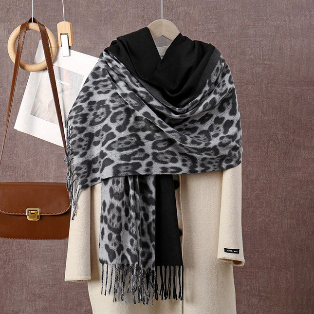Women's Leopard Print Scarf Imitation Cashmere Thickeneded Tassel Fashion Printed Warm Scarf Autumn and Winter Cold-Proof Cloak Shawl
