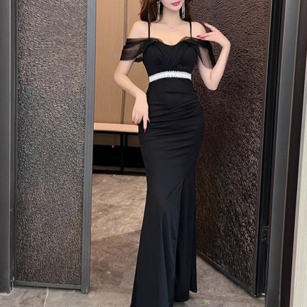 Nightclub Suspender Dress, Banquet Host Car Model Dress, Sexy Long Slit Floor-Length Women's Dress