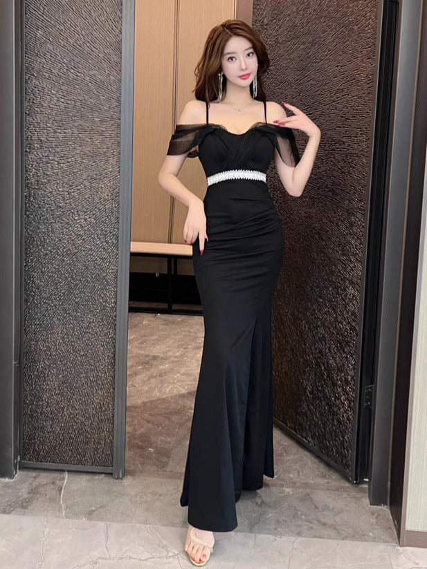 Nightclub Suspender Dress, Banquet Host Car Model Dress, Sexy Long Slit Floor-Length Women's Dress