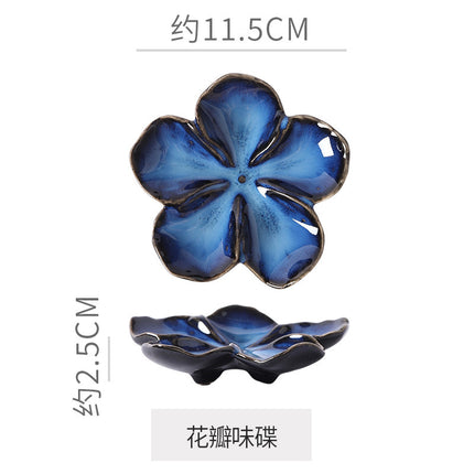 Retro Japanese Ceramic Plate Flower-Shaped Small Plate Creative Flavor Plate Dipping Plate Small Dish Multi-Color Kiln-Turned Plate