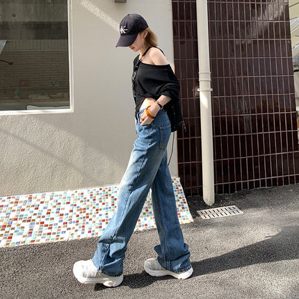 2025 summer new vintage distressed mid-waist straight pants women's loose slimming all-match floor-mopping jeans